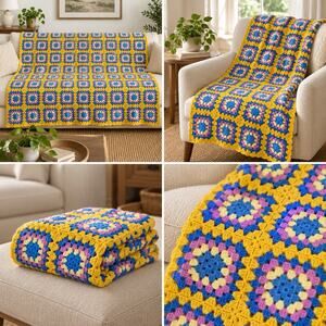 Handmade Granny Square Crochet Afghan Blanket 68x57 Yellow Blue Pink Retro